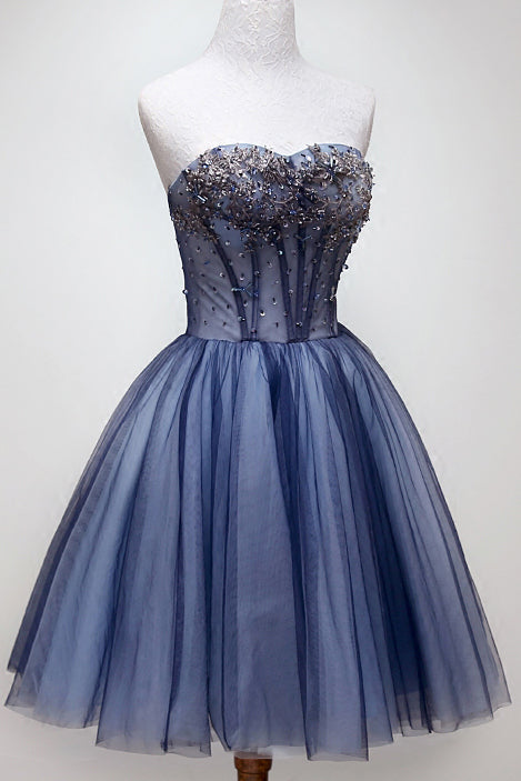 Sweetheart Beading Blue Homecoming Dress, Tulle Short Graduation Dress OM469