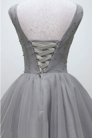 V-neck Beading Silver Short Prom Homecoming Dress Tulle Dance Dress OM470