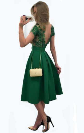 A-Line Scoop Cap Sleeve Satin Green Cocktail Party Dress With V-Back OP205