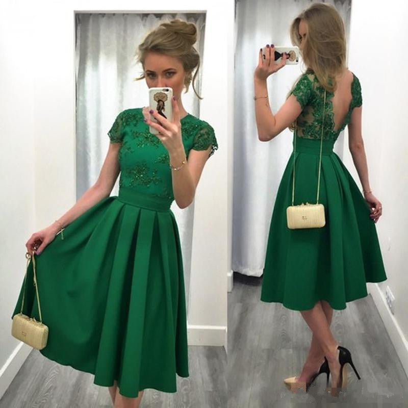 A-Line Scoop Cap Sleeve Satin Green Cocktail Party Dress With V-Back OP205