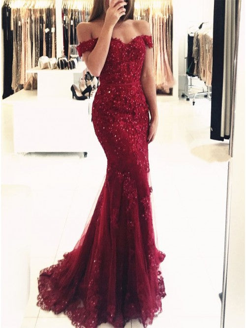 Mermaid Off-the-Shoulder Tulle Beaded Burgundy Prom Evening Dress OP402