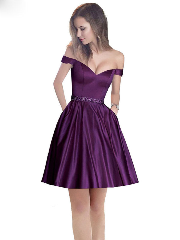 Off The Shoulder Beaded Satin Short Prom Dress With Pocket Homecoming Dress UK OP198