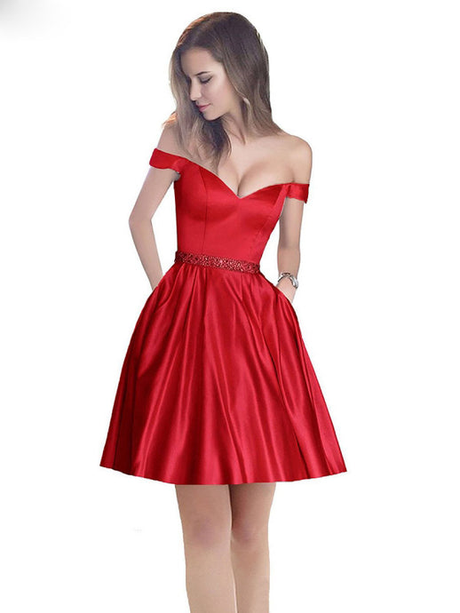 Off The Shoulder Beaded Satin Short Prom Dress With Pocket Homecoming Dress UK OP198
