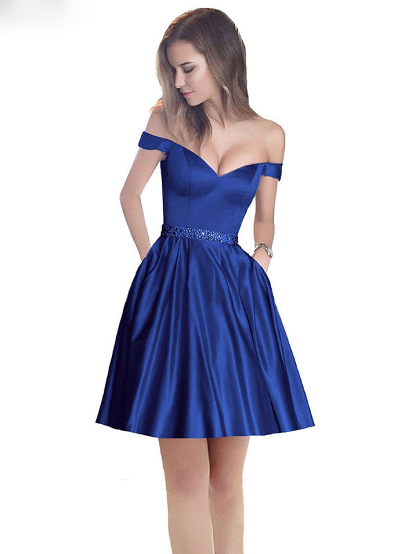 Off The Shoulder Beaded Satin Short Prom Dress With Pocket Homecoming Dress UK OP198