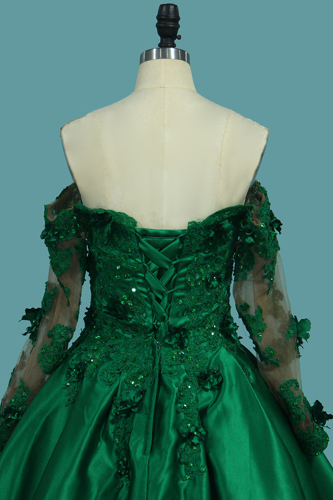 Quinceanera Green Off The Shoulder Long Sleeves Prom Dress