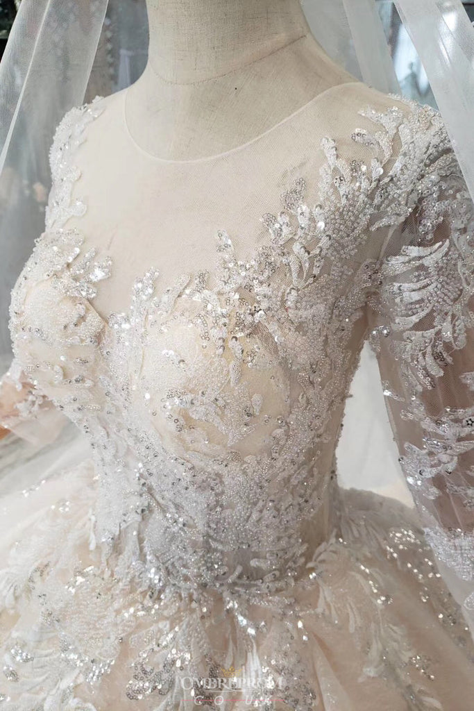 Princess Sheer Neckline Appliques Wedding Dress With 3/4 Sleeves OW409