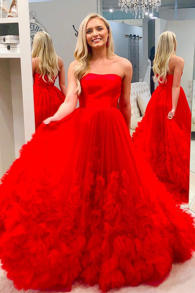 Red A-Line Strapless Long Prom Dress Elegant Pageant Gown OP650