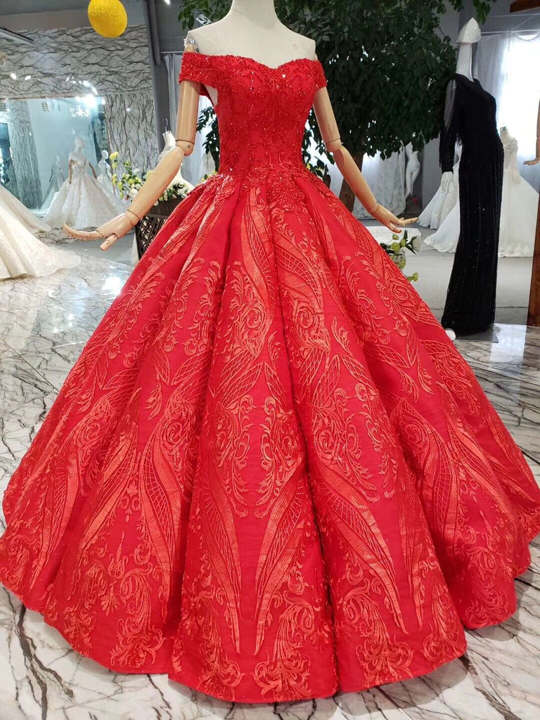 Red Ball Gown Off The Shoulder Appliques Beads Quinceanera Dress OP644