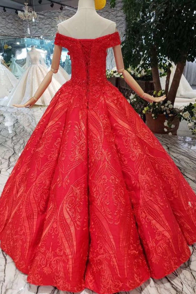 Red Ball Gown Off The Shoulder Appliques Beads Quinceanera Dress OP644
