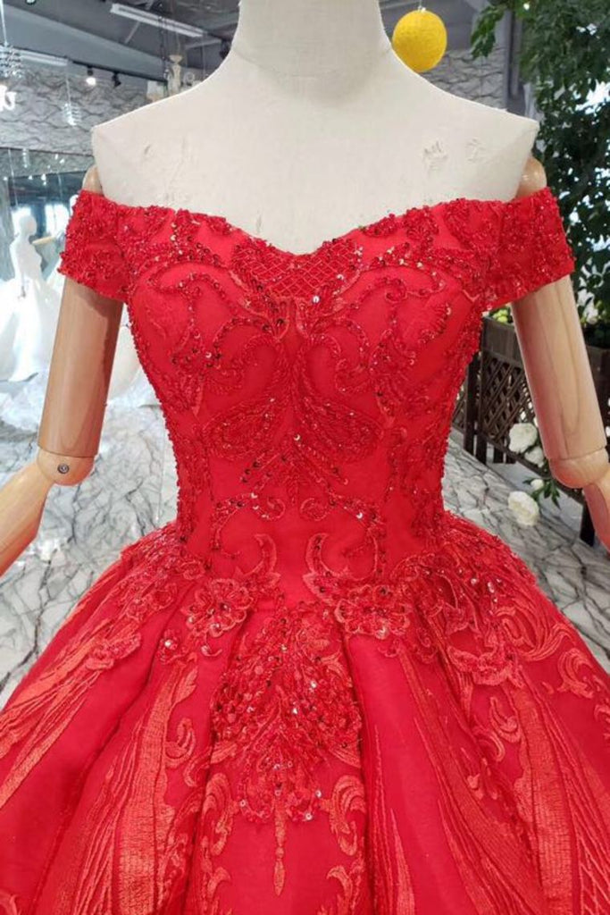Red Ball Gown Off The Shoulder Appliques Beads Quinceanera Dress OP644