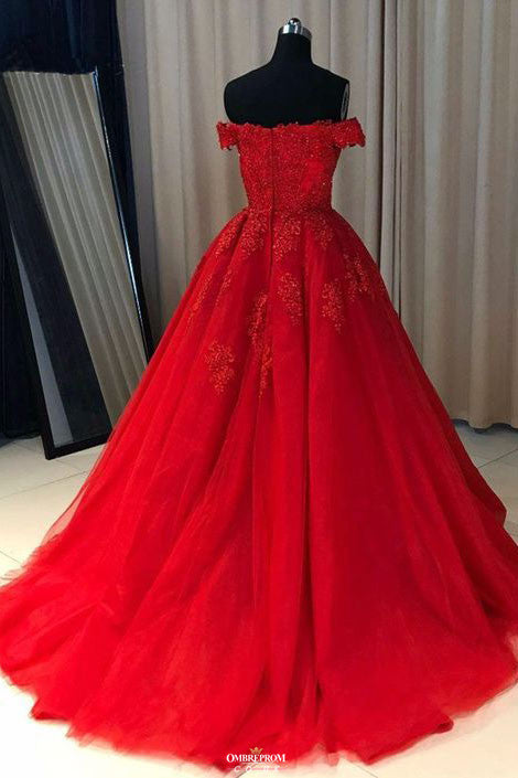 Red Ball Gown Tulle Off-the-shoulder Lace Appliques Long Prom Dress OP532