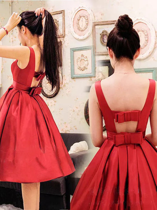 Red Bateau A-line Open Back Bowknot Homecoming Holiday Dress OP192