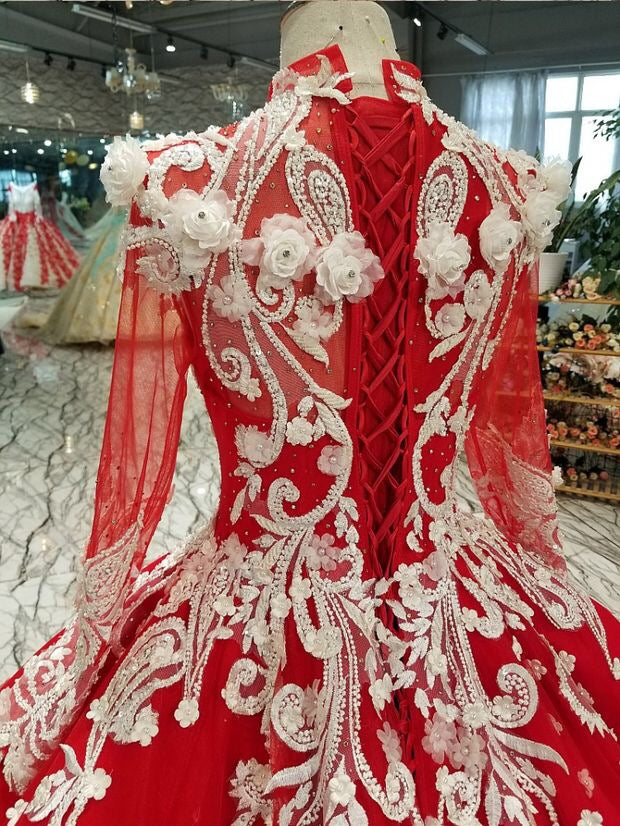Red Quinceanera Dress Ball Gown Long Sleeves Applique Prom Dress OP437