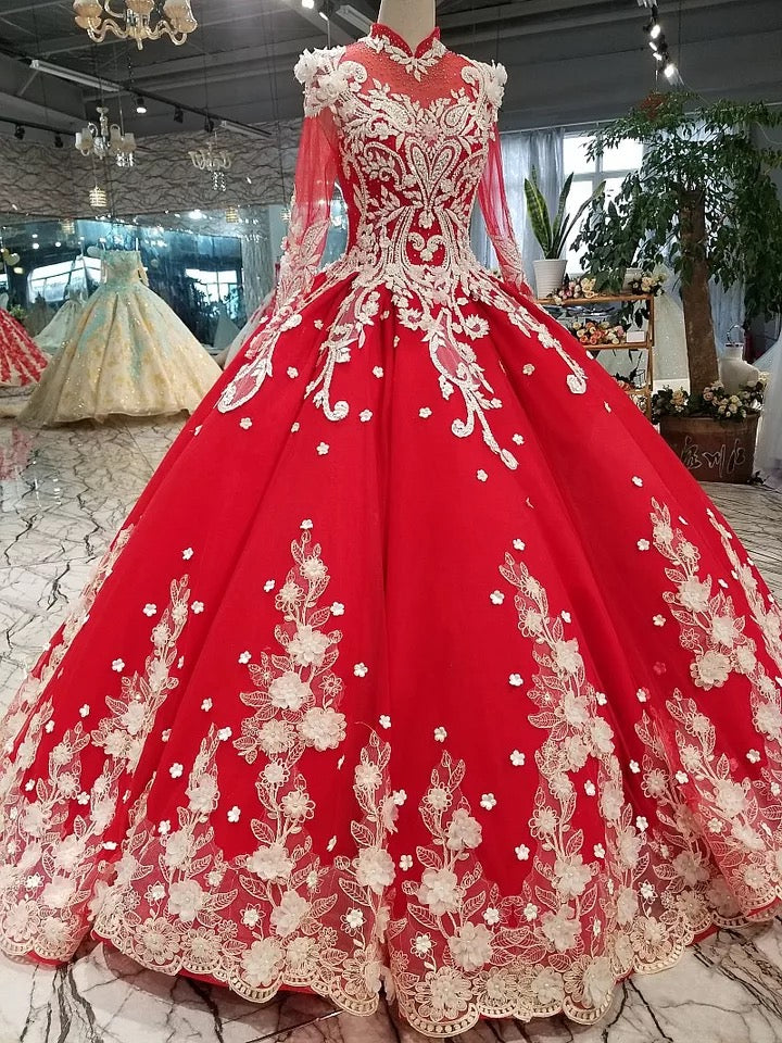 Red Quinceanera Dress Ball Gown Long Sleeves Applique Prom Dress OP437