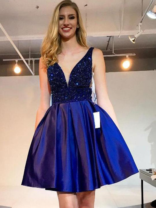 Royal Blue Plunging Neck Beaded Short Prom Dresses, Formal Dresses UK