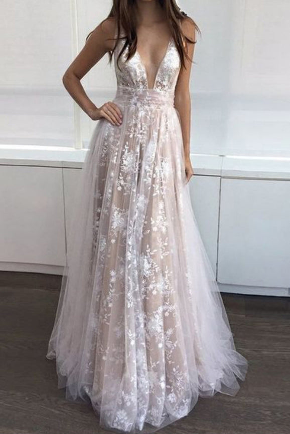 Sexy A-Line Deep V-Neck Backless Tulle Long Prom Dress OP472