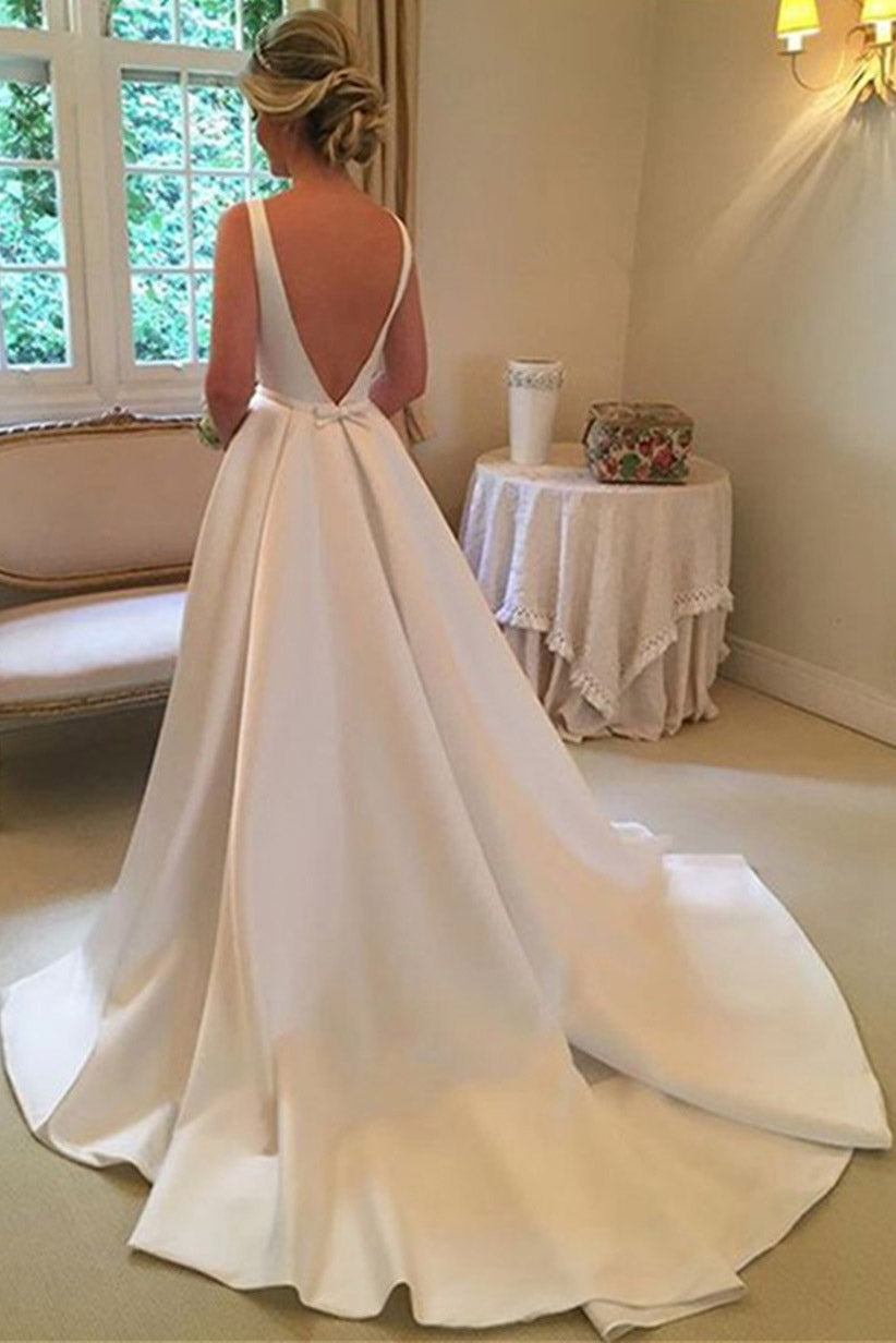 Simple A-Line Bateau Satin Backless Wedding Dress With Train OW381