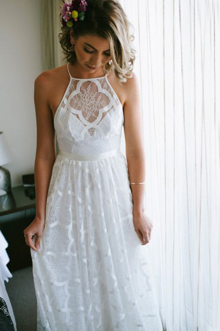 Simple A-Line Halter Lace Beach Wedding Dress