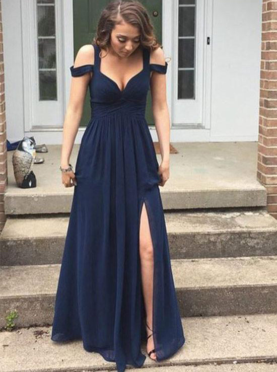 Simple A-line Navy Blue Straps Drop Sleeves Split Long Prom Dress OP334