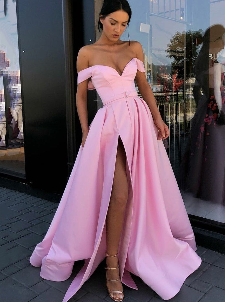 Simple Off-the-shoulder Satin Pink Long Prom Dress with Slit OP661