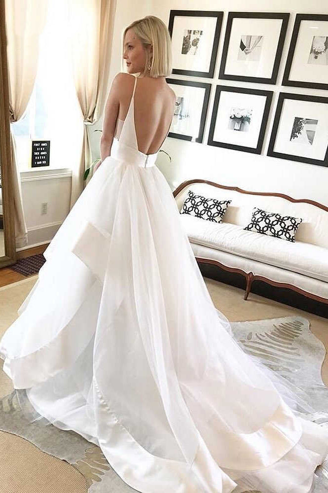Simple A Line Deep V Neck Backless Wedding Dress