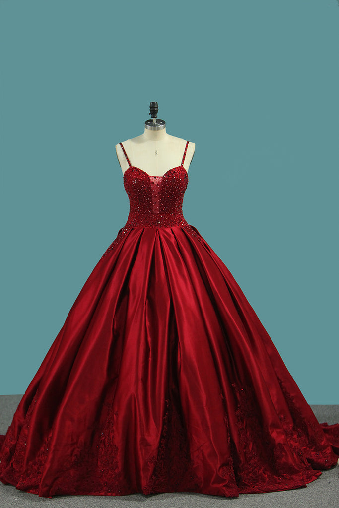 Quinceanera Red Ball Gown Spaghetti Straps Backless Prom Dress With Rhinestone