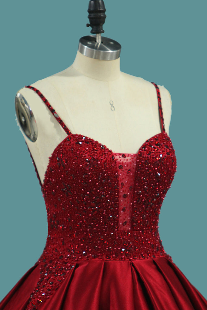 Quinceanera Red Ball Gown Spaghetti Straps Backless Prom Dress With Rhinestone