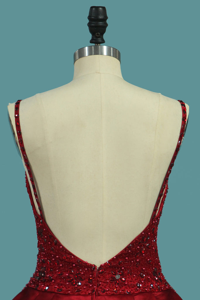 Quinceanera Red Ball Gown Spaghetti Straps Backless Prom Dress With Rhinestone