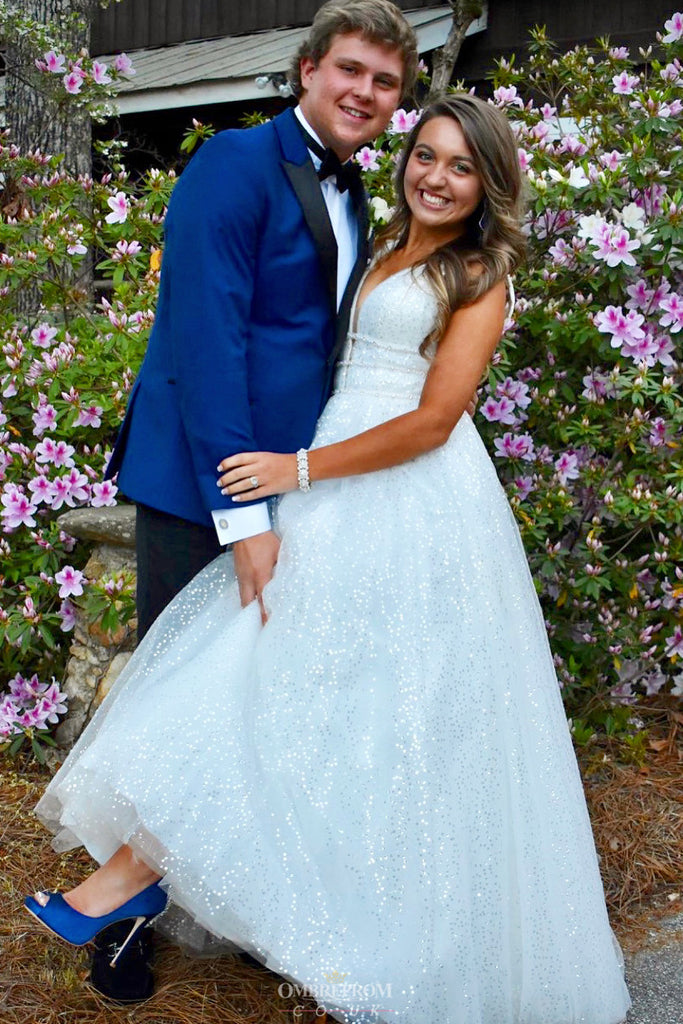 Sparkly Tulle A Line V Neck White Backless Sequin Wedding Dress OW373