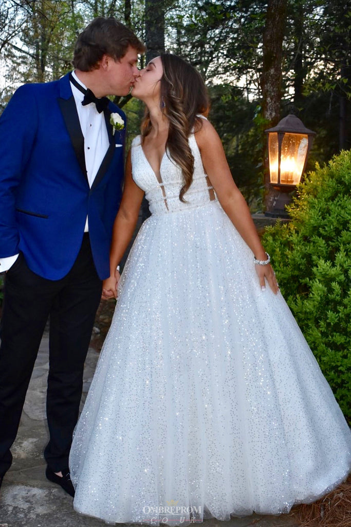 Sparkly Tulle A Line V Neck White Backless Sequin Wedding Dress OW373