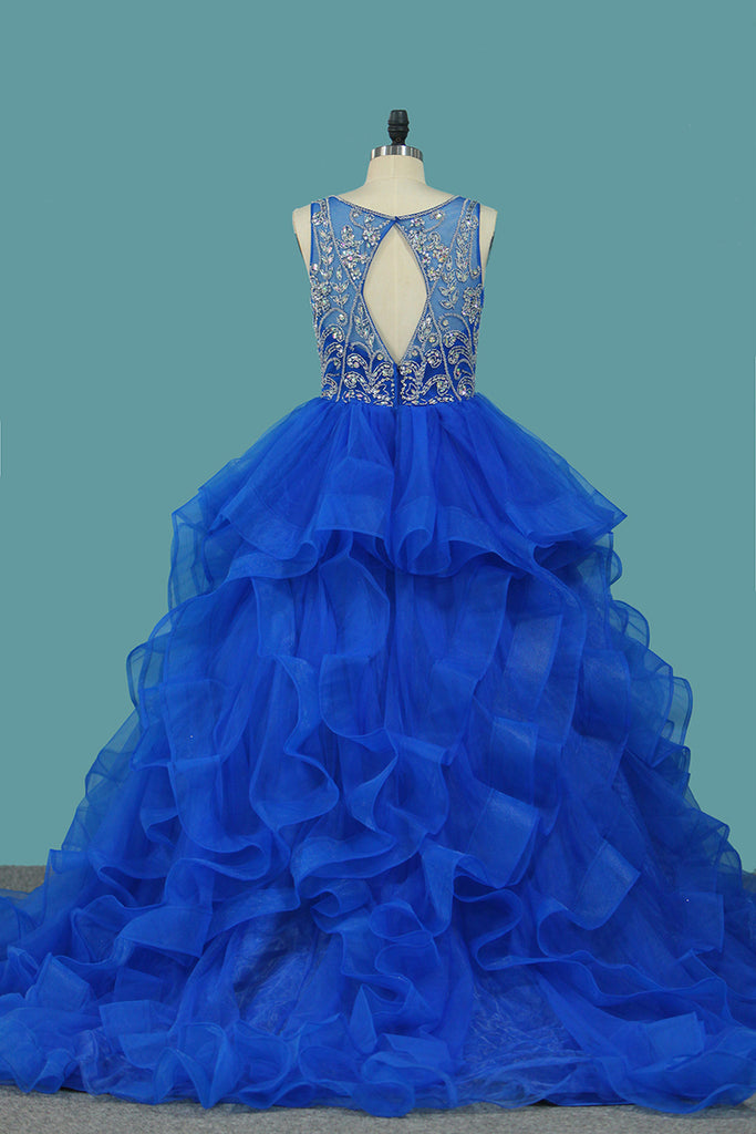 Princess Quinceanera Blue Tulle Beaded Bodice Ball Gown Prom Dress With Ruffles