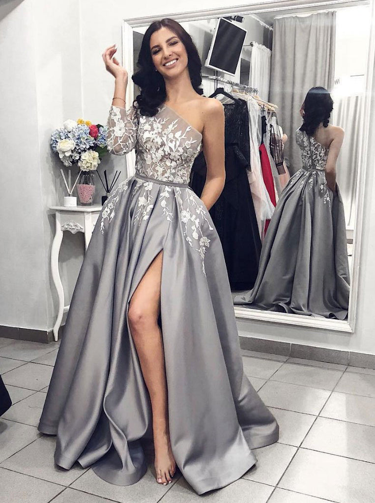 Unique One-Shoulder Long Sleeves Appliques Gray Prom Formal Dress With Split OP333