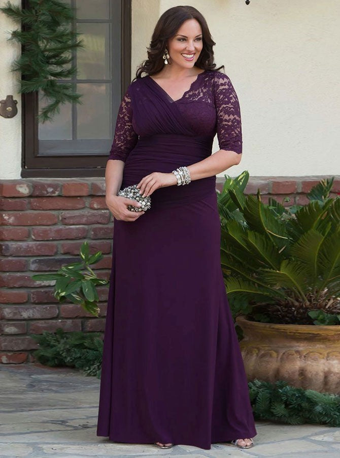 Plus Size V-Neck Ruched Half Sleeves Chiffon Mother Of The Bride Prom Dress With Lace MO103