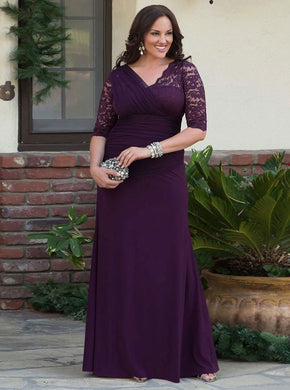 Plus Size V-Neck Ruched Half Sleeves Chiffon Mother Of The Bride Prom Dress With Lace MO103