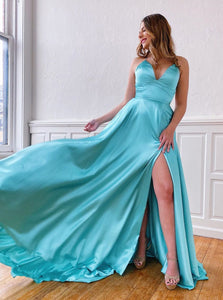 A-line Spaghetti Straps Blue Long Prom Dresses Cheap Evening Dress