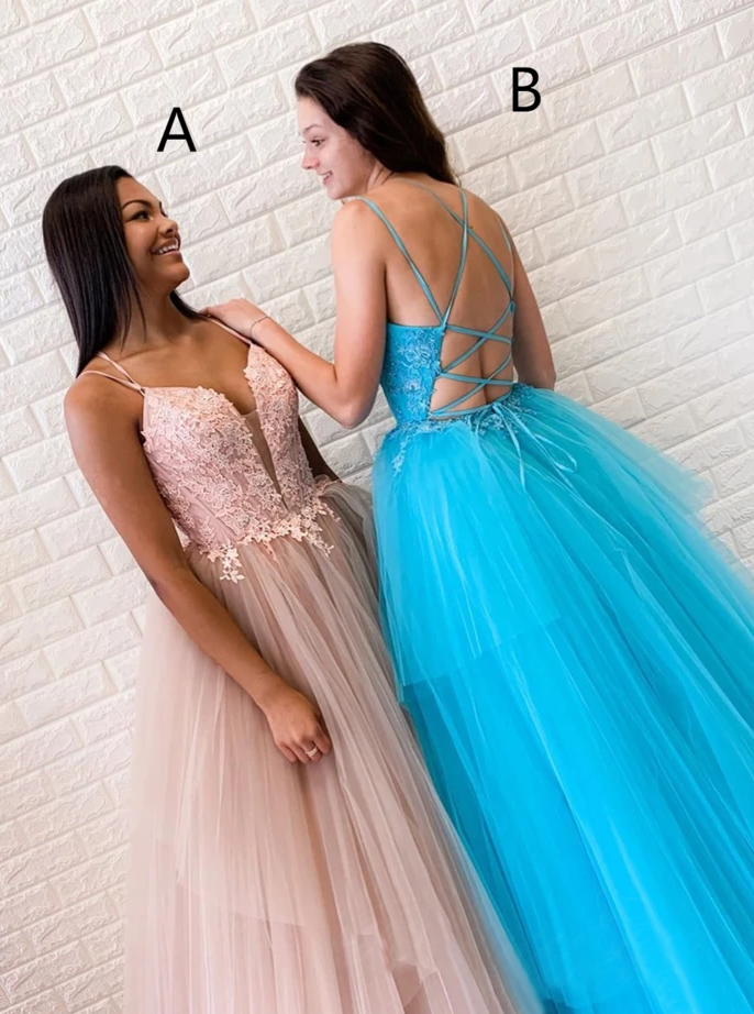 Chic A-line Spaghetti Straps Lace Long Prom Dresses Tulle Evening Dress