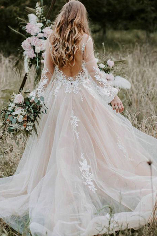 Romantic V-neck Boho Long Sleeve Country Wedding Dresses Applique Backless Bridal Dress OW663