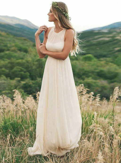 Simple Long Chiffon Pleated Round Neck Sleeveless Wedding Dress