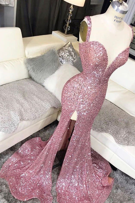 Chic Sheath Long Front Split Sequin Shiny Long Prom Dresses Simple Party Dress OD23