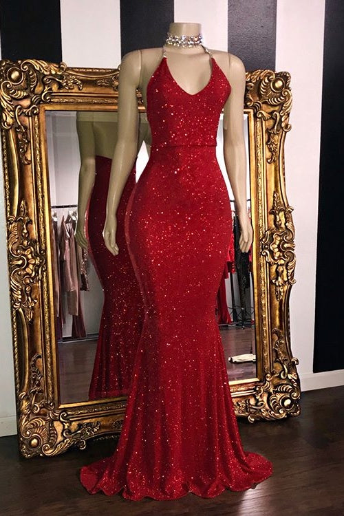 Glitter Sheath Mermaid Backless Halter Beading Long Party Prom Dresses Y0020