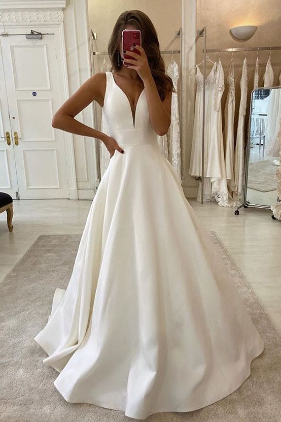 New Arrival V-neck Ivory Simple A-line Prom Dresses Beach Wedding Dresses OW091