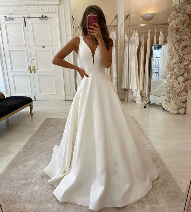 New Arrival V-neck Ivory Simple A-line Prom Dresses Beach Wedding Dresses OW091