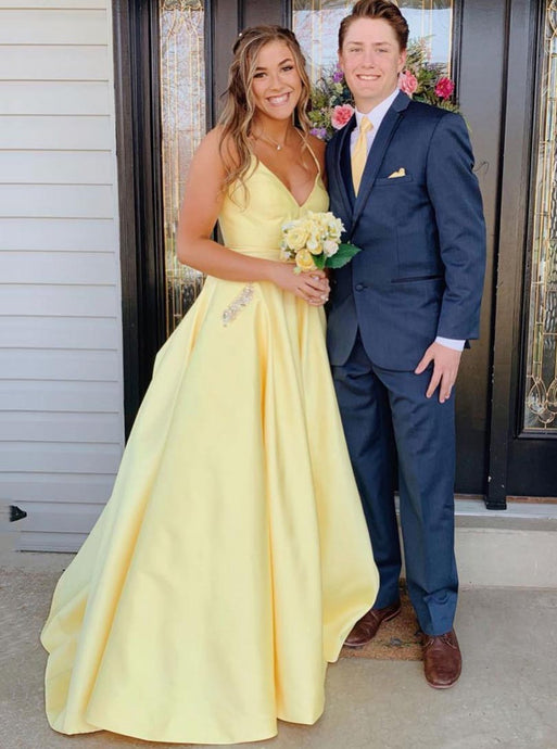 Yellow Backless Beaded Pockets Long Prom Dress Evening Dress OP658