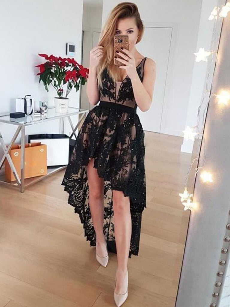 Black Hi-Lo Sexy Lace Prom Dress With Appliques