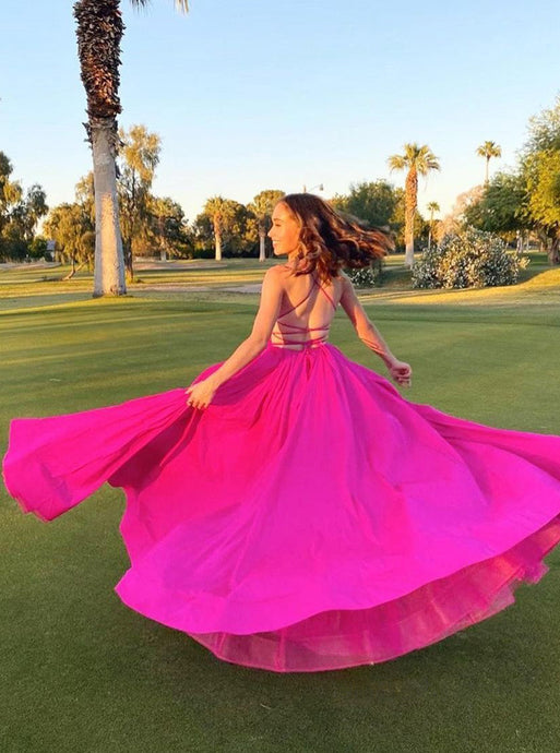 Chic A-line Fuchsia Spaghetti Straps Chiffon Long Prom Dress