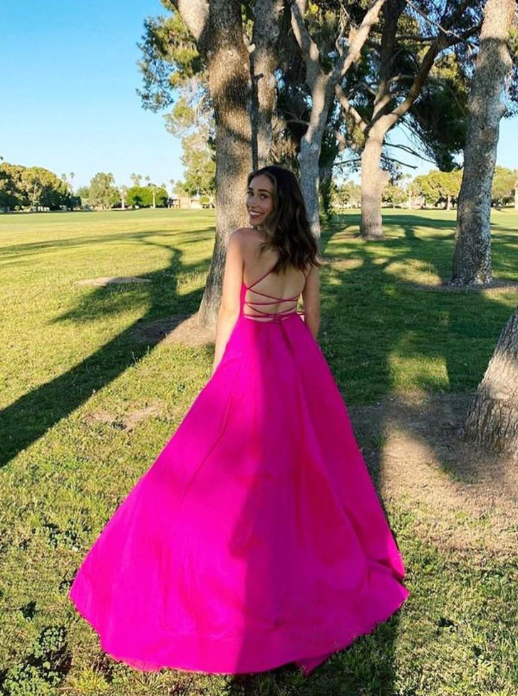 Chic A-line Fuchsia Spaghetti Straps Chiffon Long Prom Dress