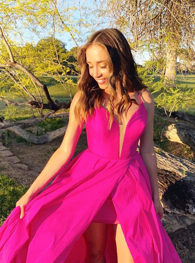 Chic A-line Fuchsia Spaghetti Straps Chiffon Long Prom Dress