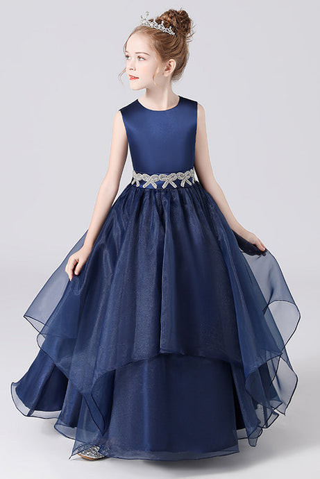 Navy Blue Stain Sleeveless Floor Length Flower Girl Dress