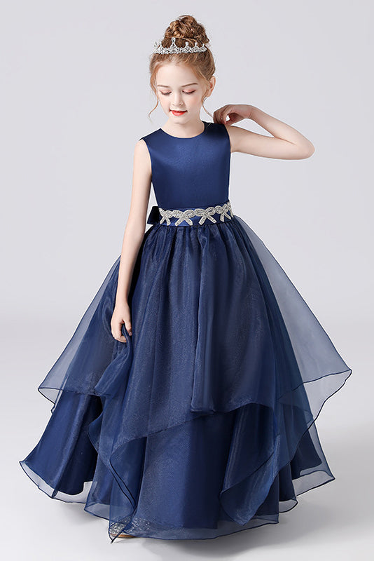 Navy Blue Stain Sleeveless Floor Length Flower Girl Dress