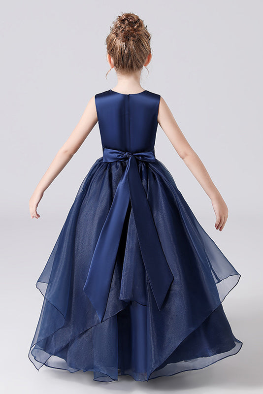 Navy Blue Stain Sleeveless Floor Length Flower Girl Dress
